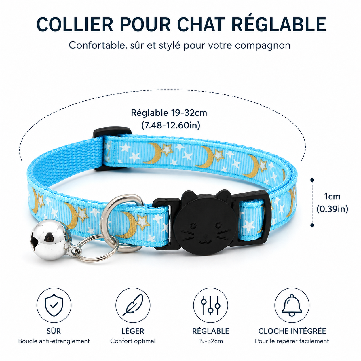 Collier pour Chat Réglable avec Clochette | Motif Lune et Étoiles 🌙
