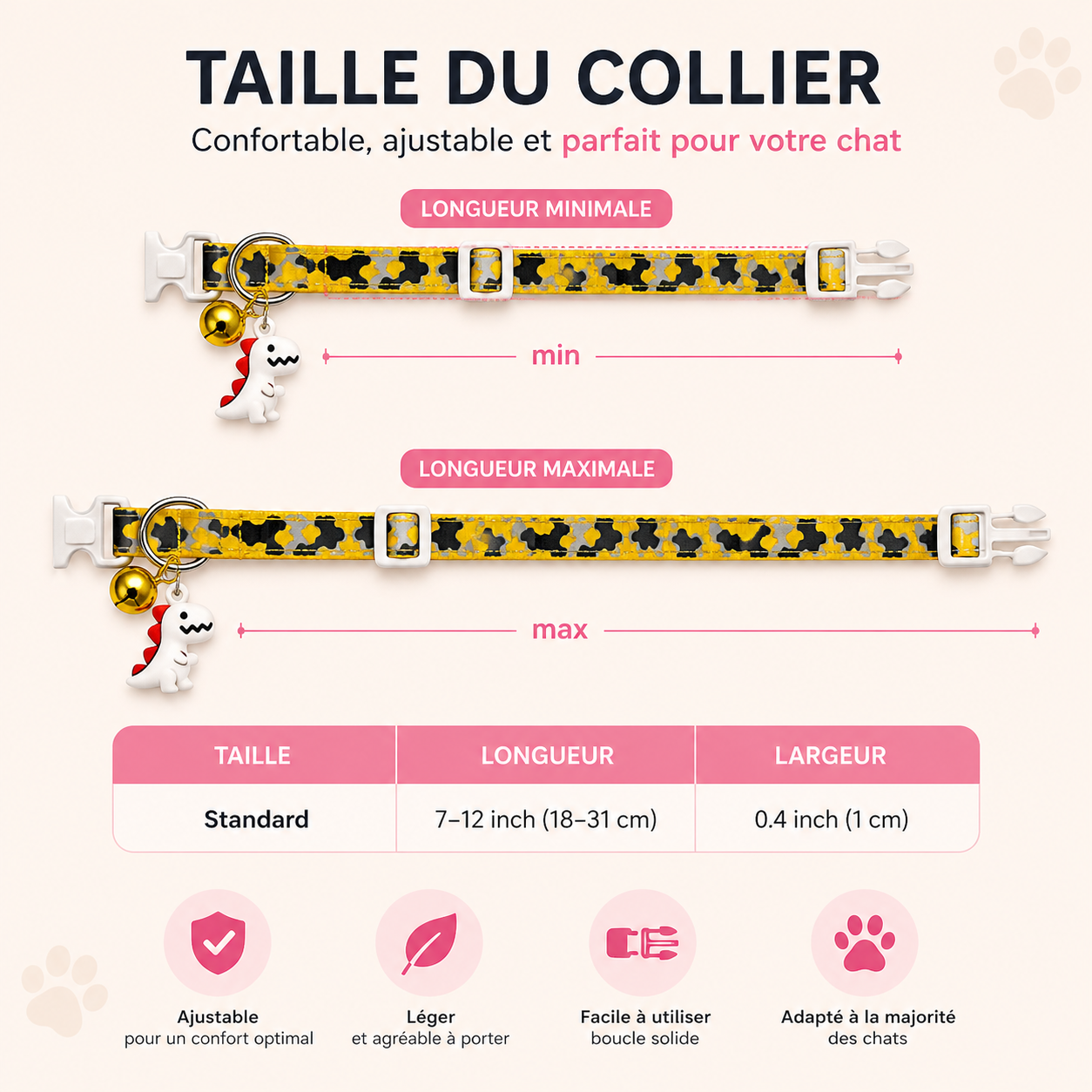 Collier Pour Chat Ajustable Avec Clochette Et Dinosaure 🐾🦖