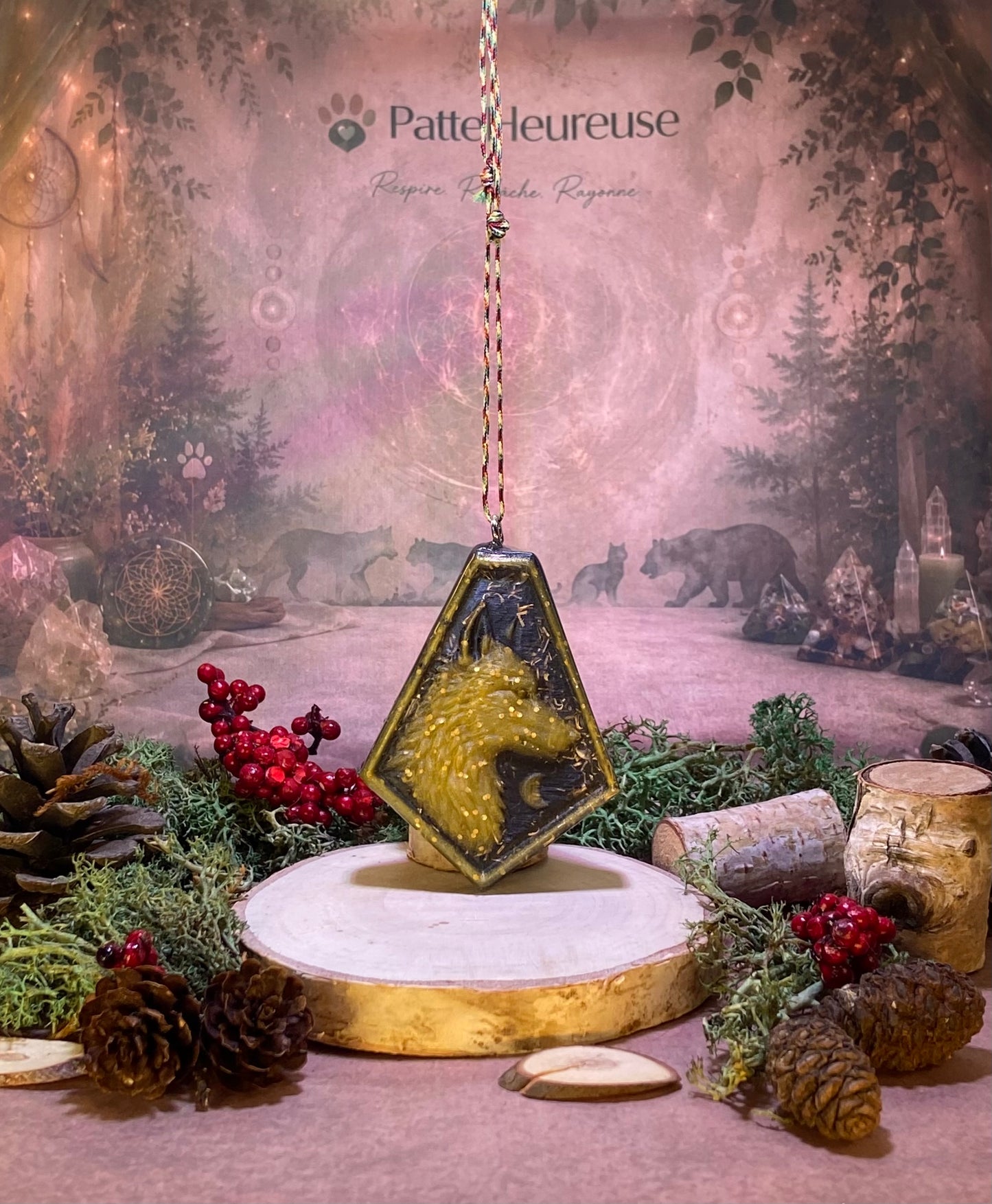 photo d'un orgonite pendu par sa corde devant un fond de nature patteheureuse avec mousse et cocotte de pin qui l'entoure 