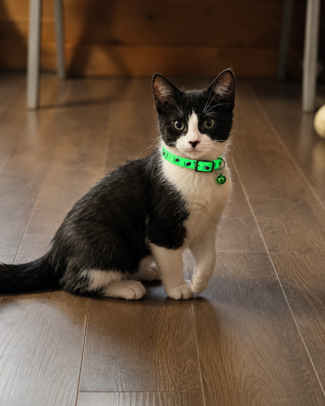 Chat noir et blanc qui porte fierement un collier fluorescent