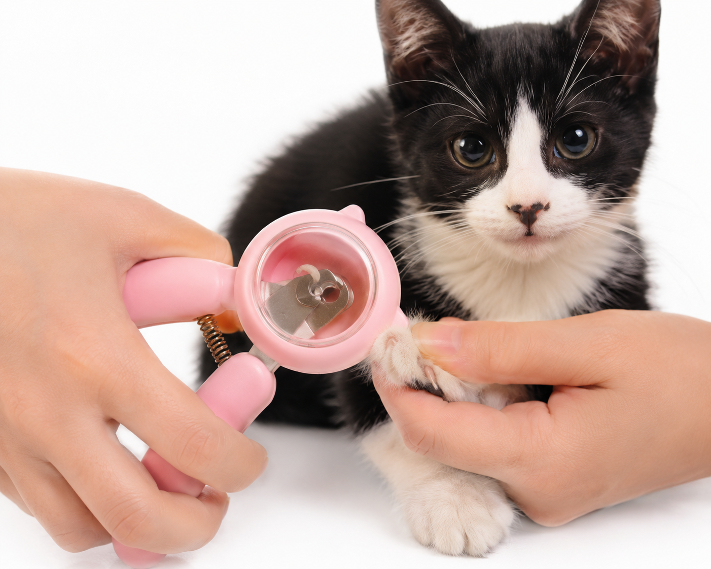 chat noir et blanc en train de se faire couper les ongles 