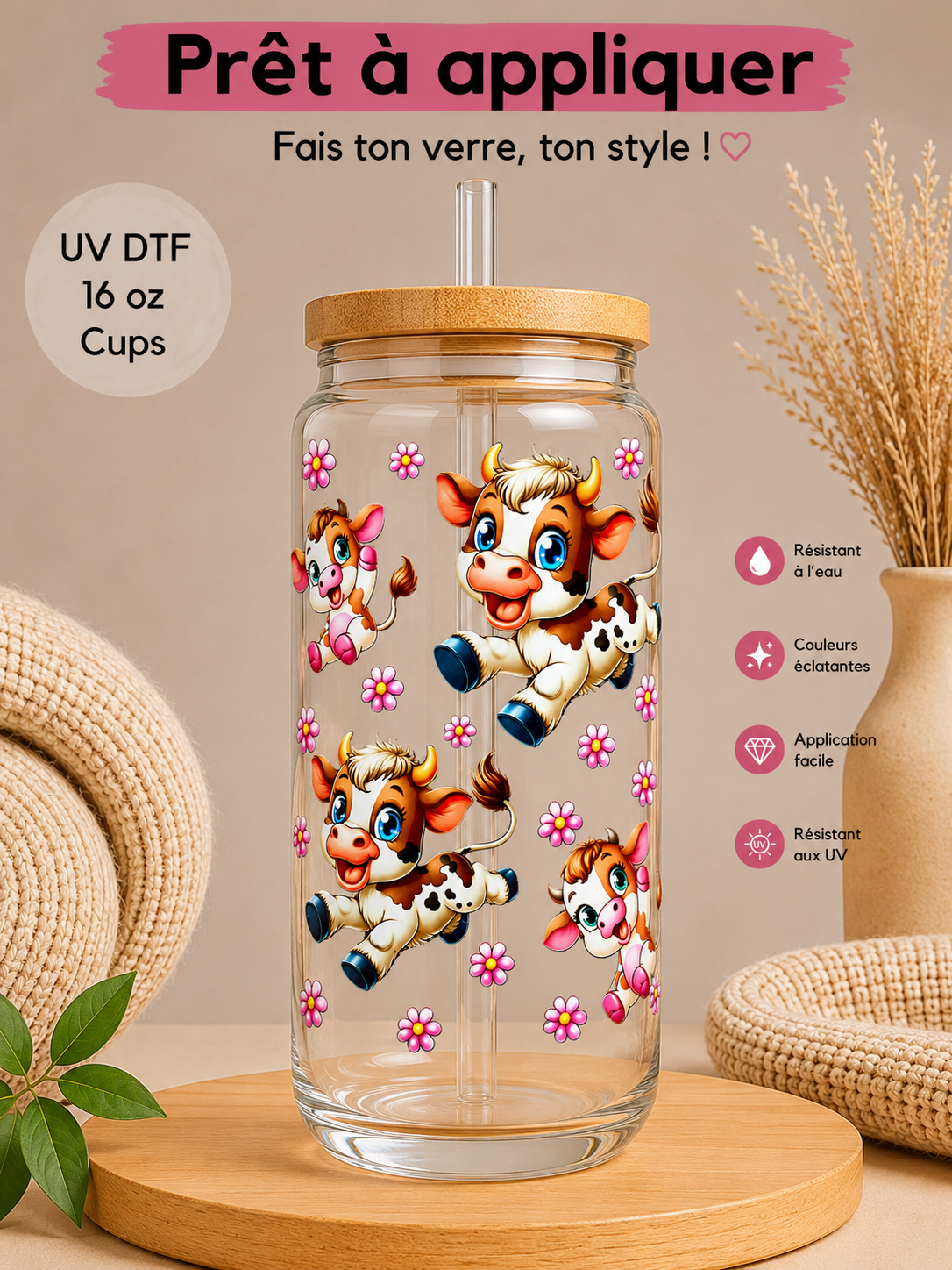 Vache et Fleur rose