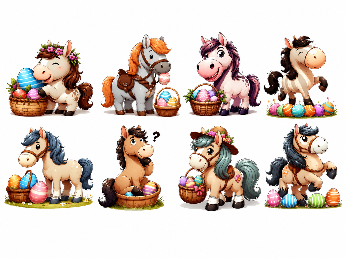 Chevaux avec panier de Pâques rempli de cocos 