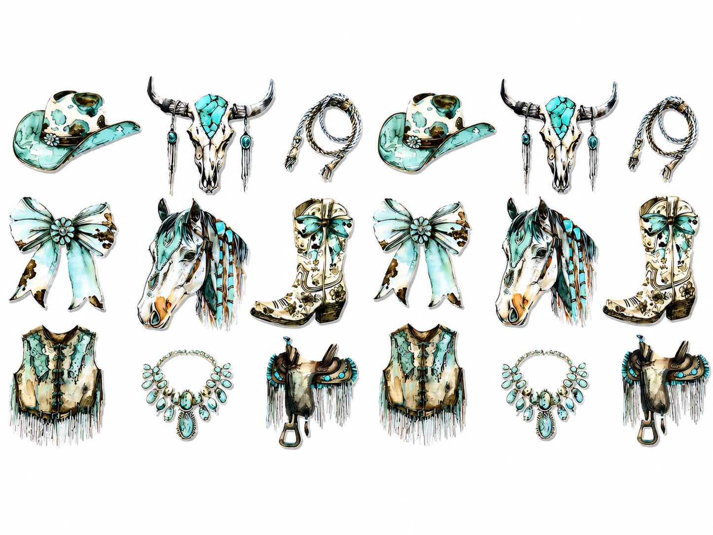 Botte , Noeux , chapeau, lance ,tête de chevaux, et veste de cowboy en turquoise