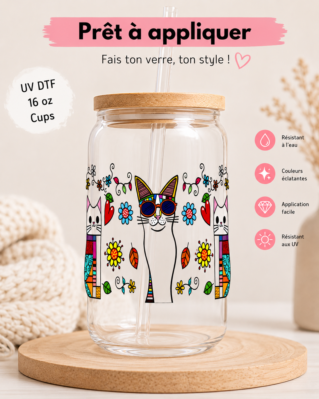 Chat bohème avec lunette et guirlande de Lumière

