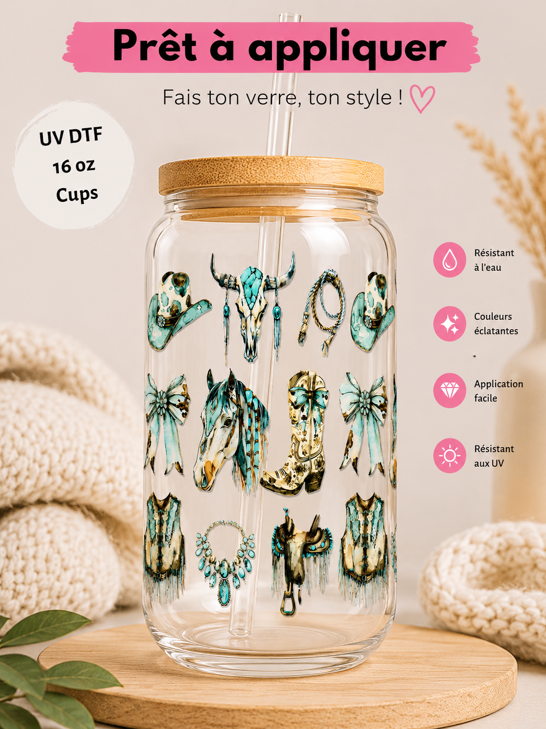 Collant style rodéo turquoise sur un verre 16 oz