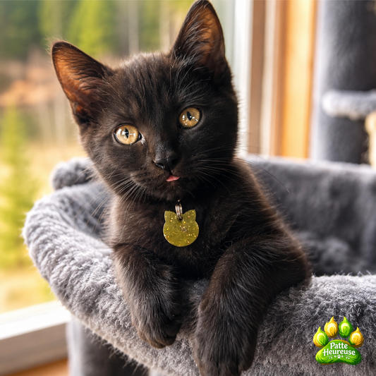Chat noir Kawaii avec un pendentif jaune brillant