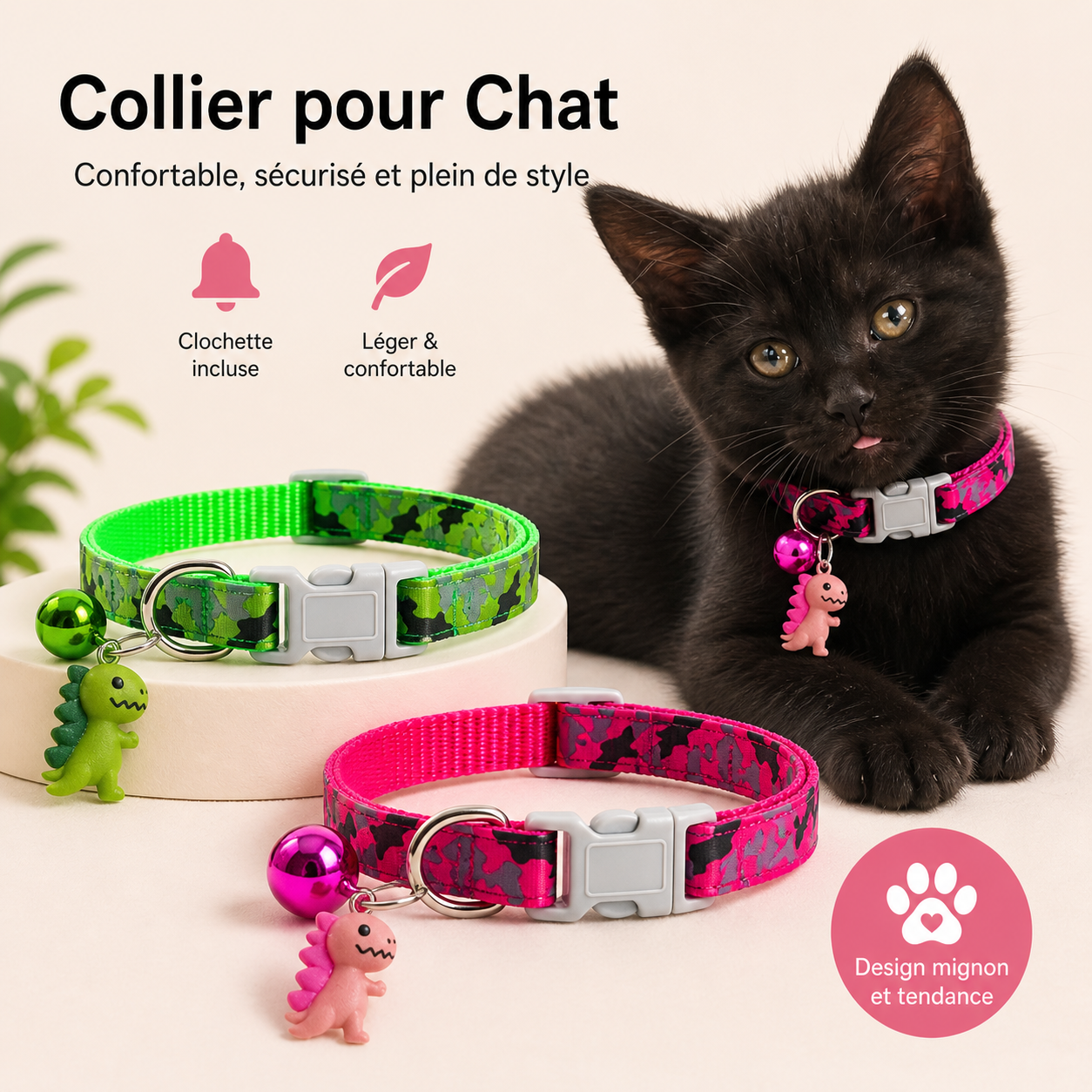 Collier Pour Chat Ajustable Avec Clochette Et Dinosaure 🐾🦖