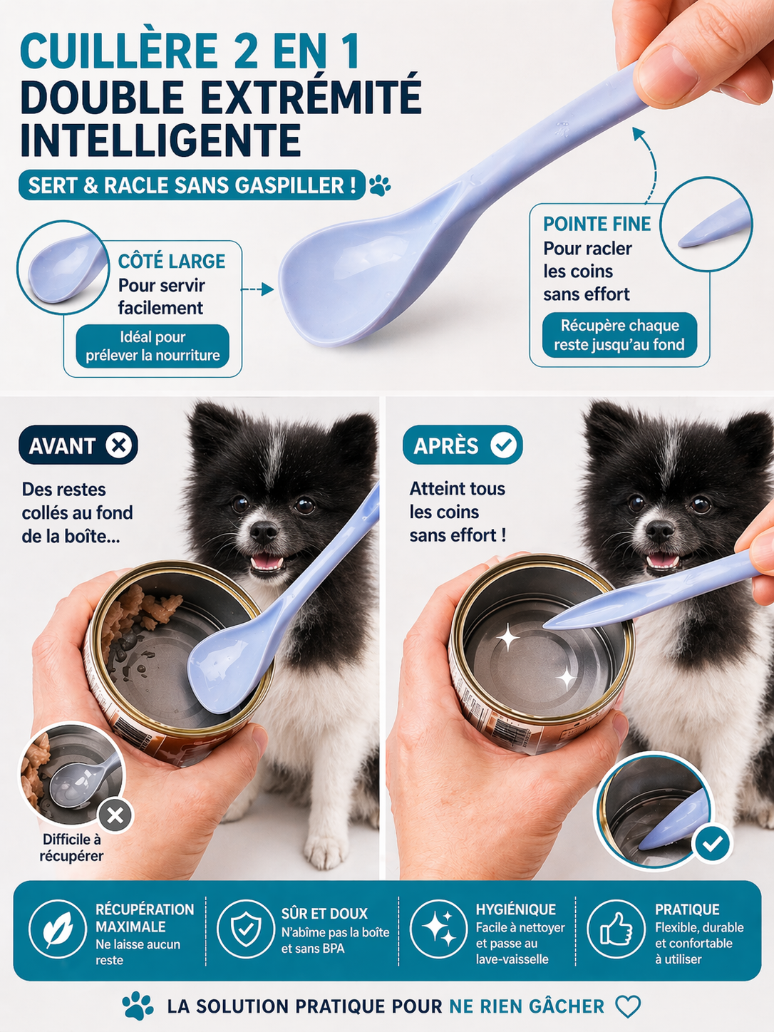 cuillère silicone double extrémité pour nourriture chien anti gaspillage