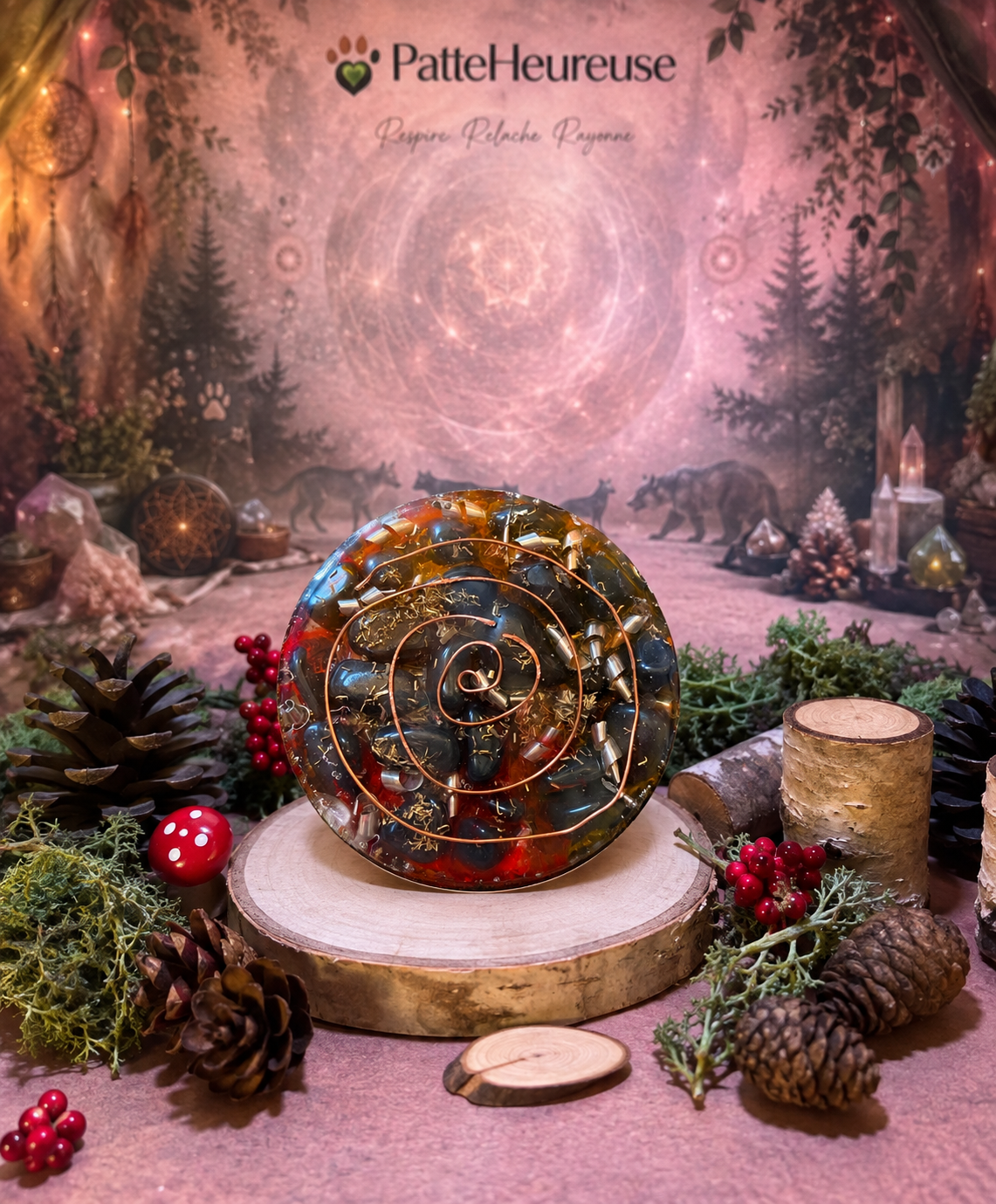 Spirale de cuivre dans une orgonite ronde